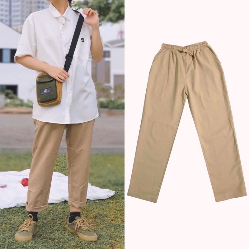 Quần Baggy Nam Nữ KAKI Ống Suông Unisex  - Kiểu quần kaki nam nữ thun vải đen và be tan