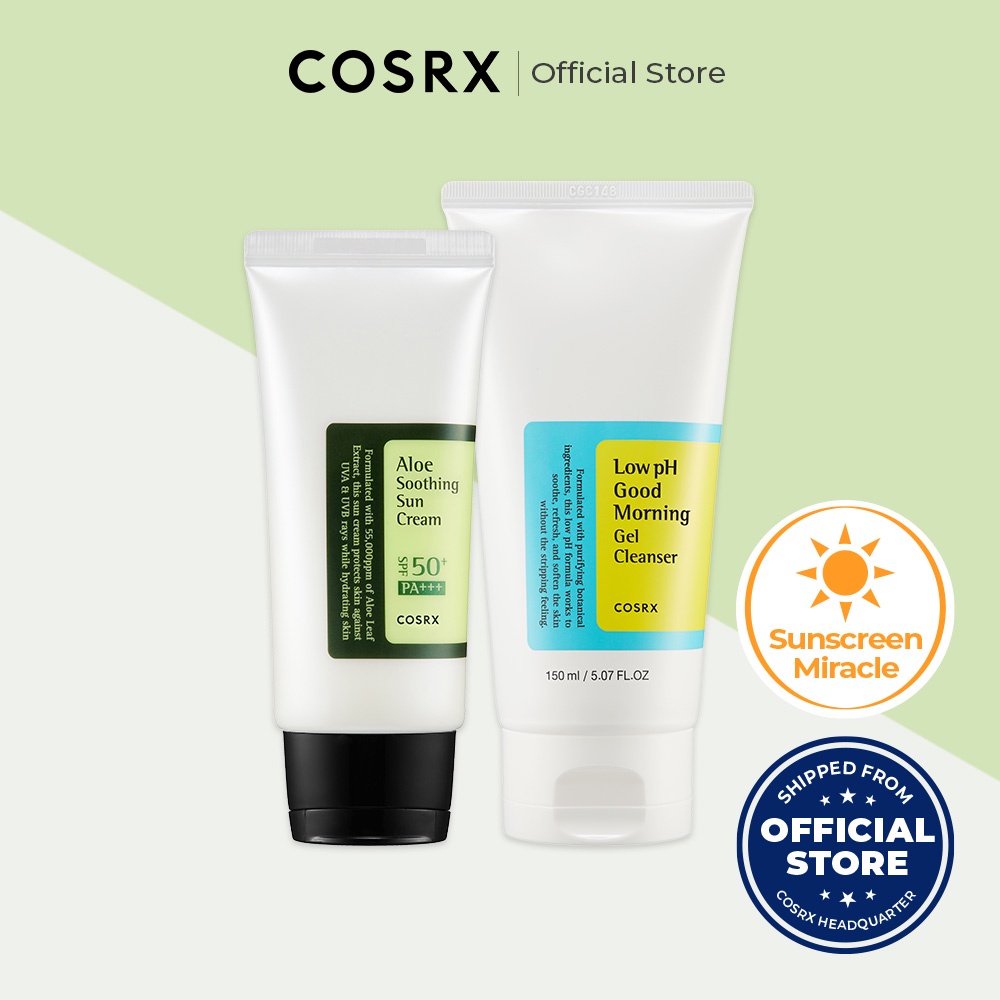 Set mỹ phẩm chăm sóc da COSRX gồm kem chống nắng lô hội SPF 50 PA+++ 50ml và sữa rửa mặt gel dịu nhẹ độ pH thấp 150ml