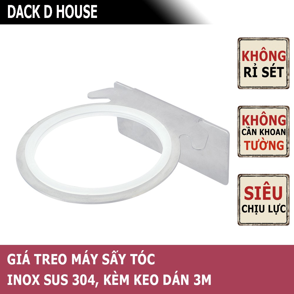 Giá treo máy sấy tóc inox 304 chống rỉ sét, có keo 3M dán siêu tiện lợi, không cần khoan tường, DACK D HOUSE DECOR