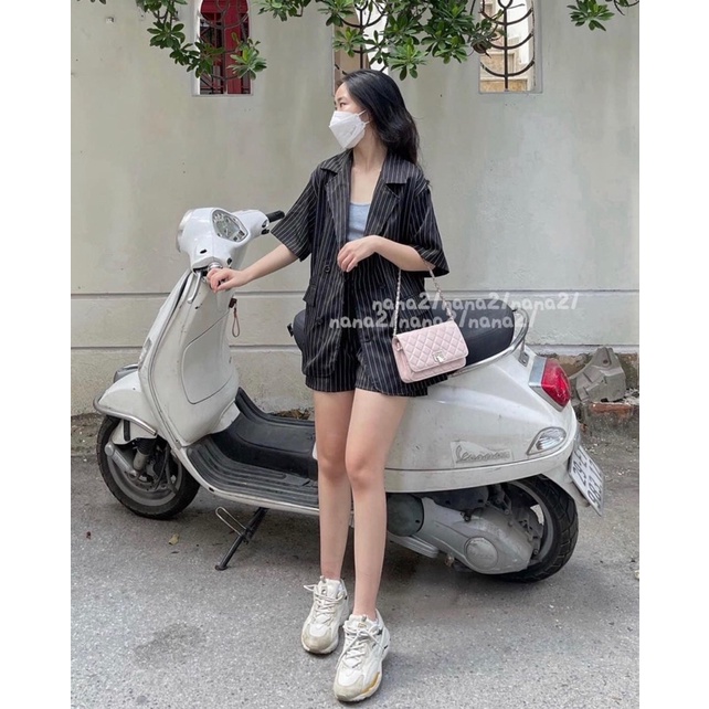 Set Blazer kẻ dọc tay lỡ 2 màu
