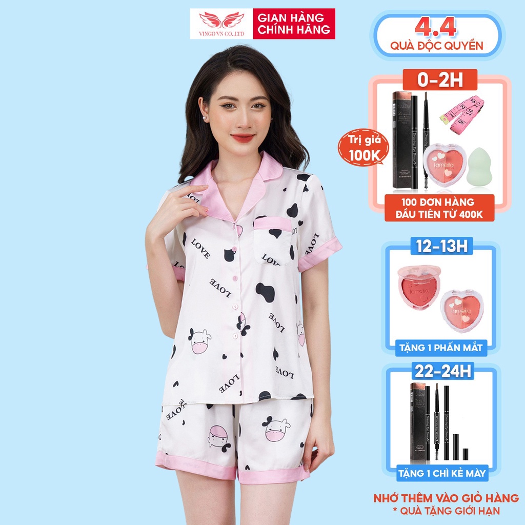 Đồ Bộ Nữ Pijama Mặc Nhà VINGO Lụa Pháp Cao Cấp Tay Cộc Quần Cộc Họa Tiết Bò Sữa Hồng Love Trẻ Trung Mùa Hè H476 VNGO