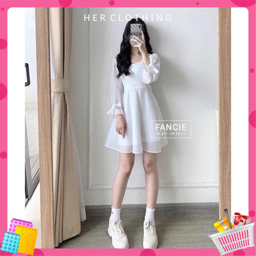 [có video][vải xịn loại 1] Đầm nữ trắng chụp kỷ yếu dáng xòe cổ vuông dự tiệc rất đẹp phối nút bọc tay nơ [6 TƠ KIẾNG]