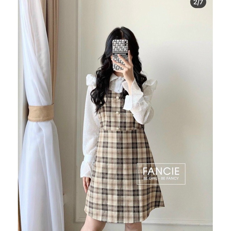 SET YẾM CARO KÈM ÁO REN HOA TAY LOE