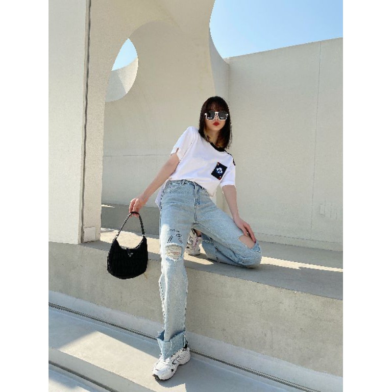 quần jeans nữ cạp vừa ống rộng dài ống rách cá tính off white