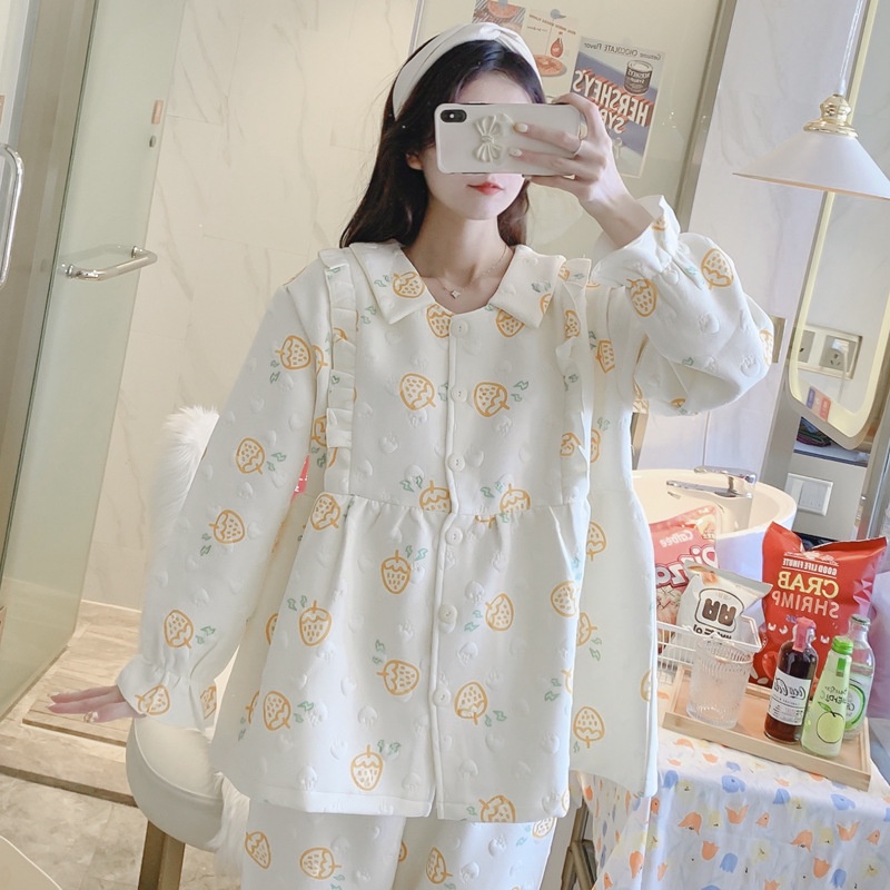 Ảnh Thật Bộ Đồ Ngủ Cotton Dày Dặn Thoáng Khí Cho Mẹ Bầu Chăm Sóc Bé Mùa Thu Đông Interla
