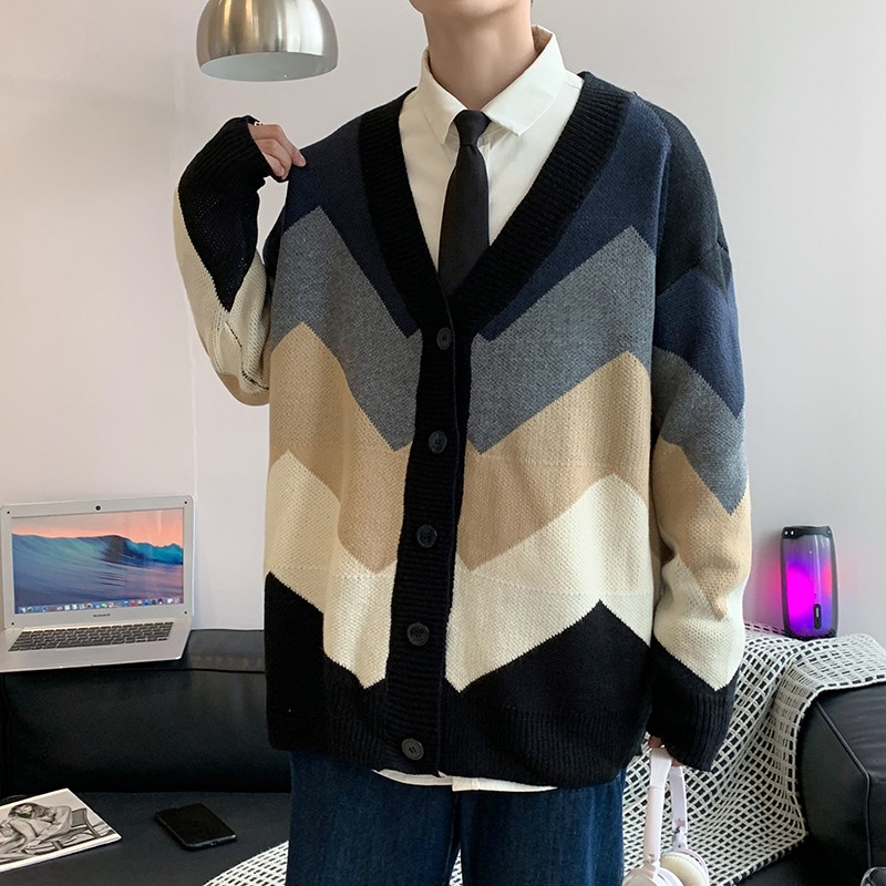 Áo cardigan nam oversize, áo khoác len nam dáng rộng phối màu trẻ trung