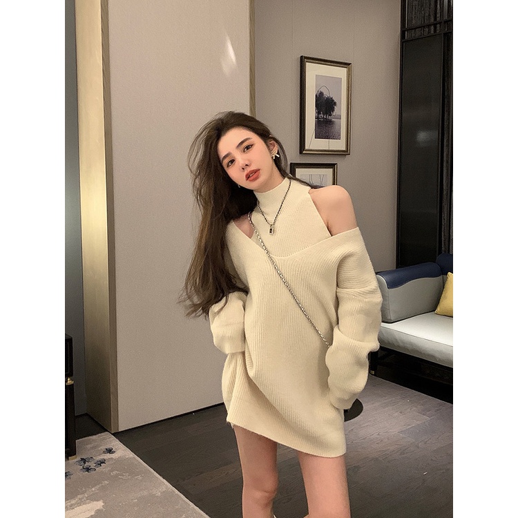 Bộ Áo Sweater Cổ Cao + Áo Hai Dây Dệt Kim Thời Trang Mùa Đông 2022 Mới Cho Nữ