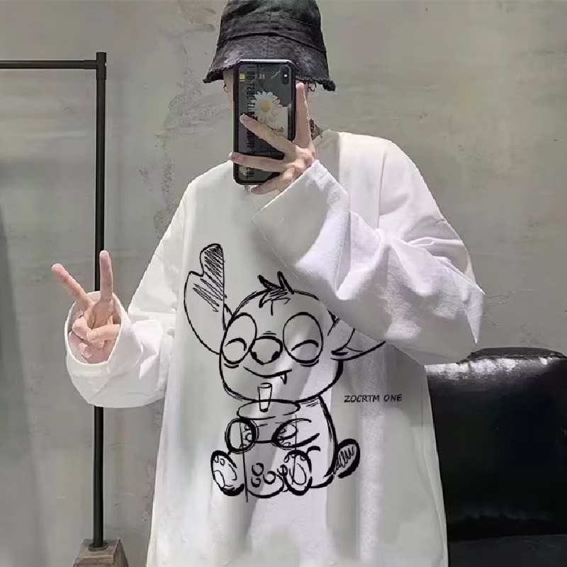 Áo Thun Tay Dài Cổ Tròn Dáng Rộng In Họa Tiết Hoạt Hình Phong Cách Hip Hop Nhật Bản Thời Trang Cho Nam size M-5XL