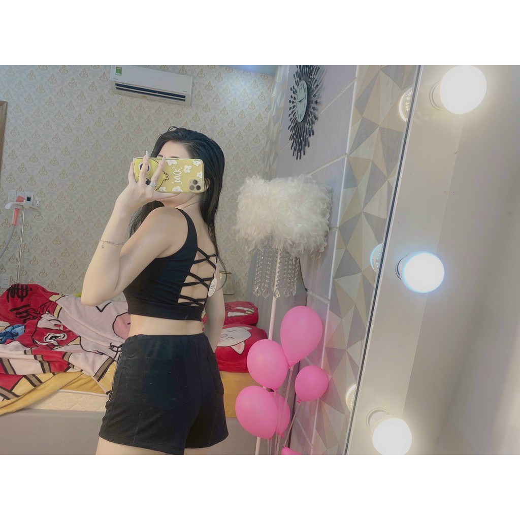 Áo kiểu croptop hai dây kèm mút ngực , đan dây lưng cực xinh , chất hun thái dày dặn mềm mịn