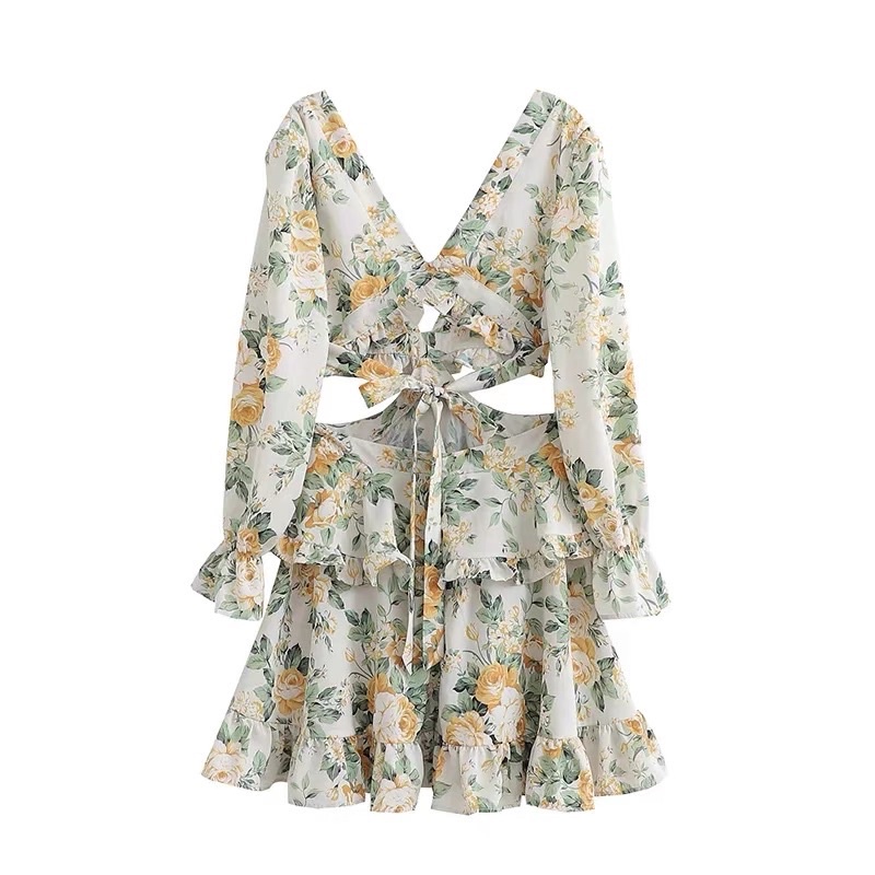 Đầm Hoa Tay Bồng Váy Hoa Cổ V Thiết Kế Khoét Eo Cột Nơ ẢNH THẬT SHOP CHỤP
