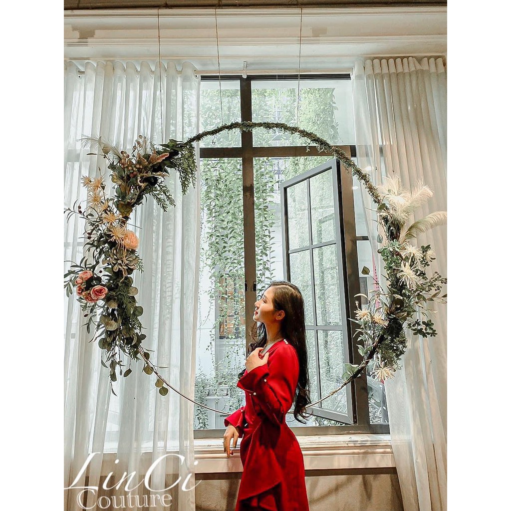 Váy vivi dress đỏ đô nhún eo, váy nhẹ nhàng thanh lịch mặc thu đông đi làm, đi chơi