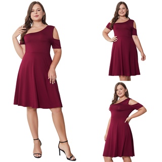 113XJ Váy đầm Lovito BIGSIZE Curve Trơn lạnh vai cổ không đối xứng Độ đàn hồi cao Bình thường LPS01074 (Gỗ đỏ)