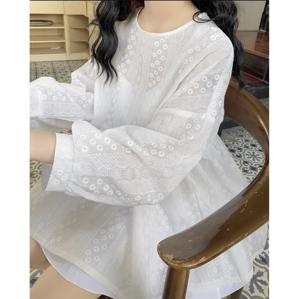 Áo Tiểu Thư Babydoll Hoa Nhí Dài Tay ⚡ Casper.Store | FREESHIP | ⚡ Áo bánh bèo tay bồng màu trắng basic, họa tiết in hoa
