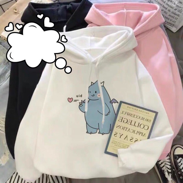 Áo Hoodie Unisex Mùa Đông Chất Nỉ Nam Nữ Giá Rẻ Bé Khủng Long Bắn Tim Phong Cách Hàn Quốc Màu Và Hồng Mặc Đi Học Đi Chơi