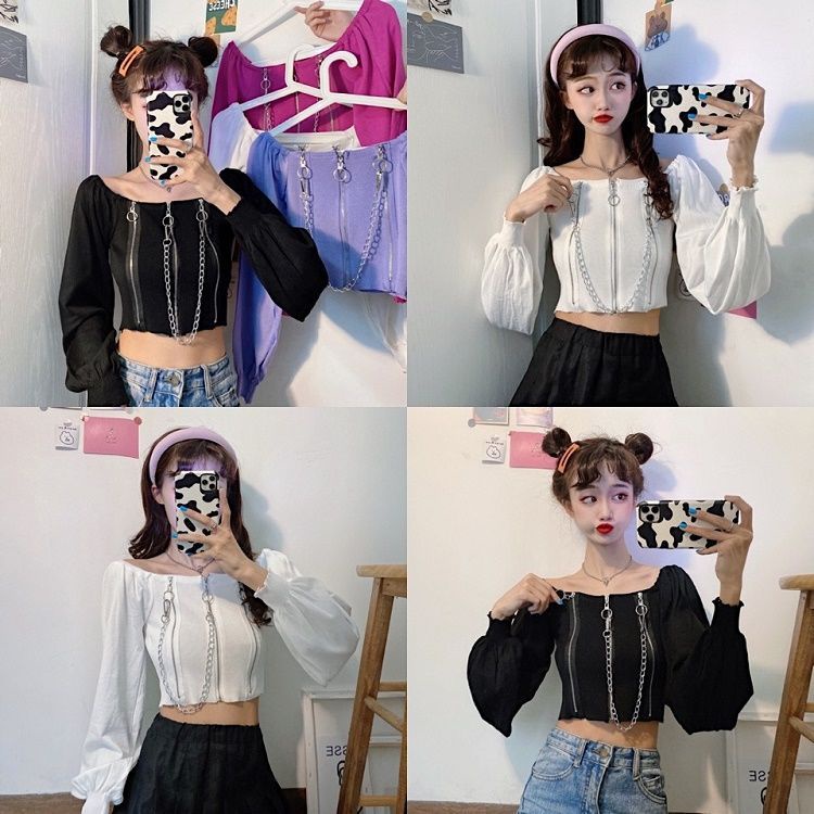 Áo Dệt Kim Tay Dài Trễ Vai Phối Dây Xích Dáng Ngắn Phong Cách Hồng Kông Cổ Điển Thời Trang 2022