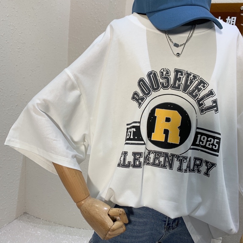 Áo phông 3158, áo thun tay lỡ form rộng chất cotton in hình R vàng