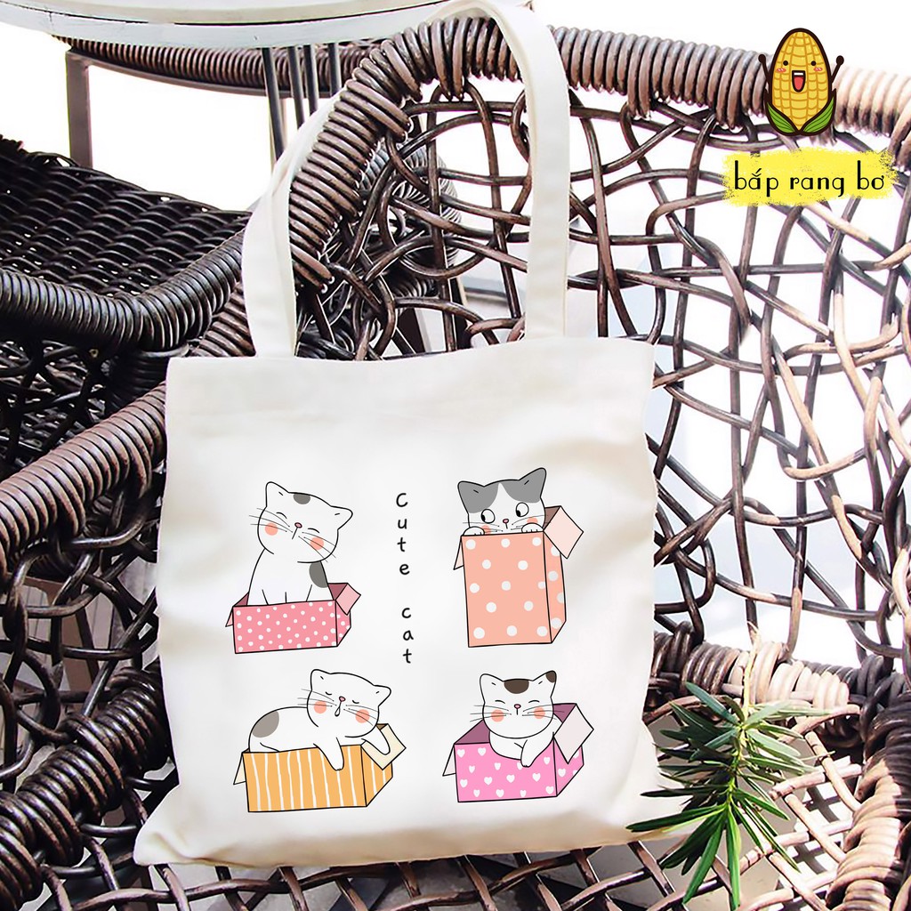 TÚI TOTE MÈO CUTE - VẢI CANVAS ĐEO VAI