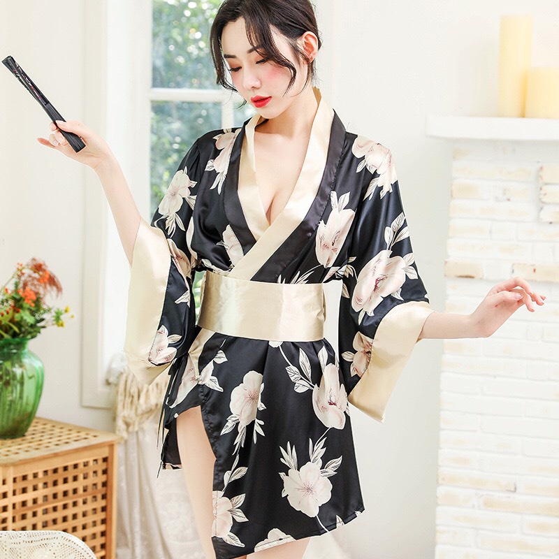 Đồ ngủ sexy áo choàng kimono đen hoa mềm mại đầm ngủ gợi cảm quyến rũ 1570