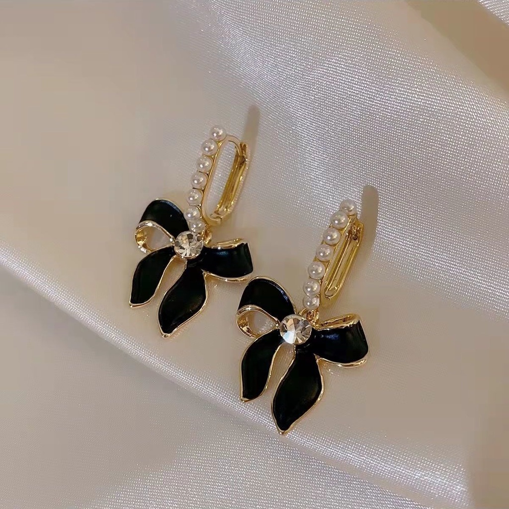 Bông Tai Mạ Bạc 925 Hình Nơ Đính Ngọc Trai Phong Cách Retro Hàn Quốc