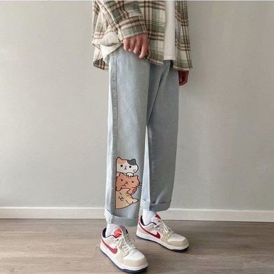 Men jeans Wide Leg denim pant Loose Straight Baggy men's jeans Streetwear Hip Hop casual Skateboard pants S-5XL Neutral trousers 2021 new net red jeans men's straight tube loose and fashionable students' Korean wide leg print pants