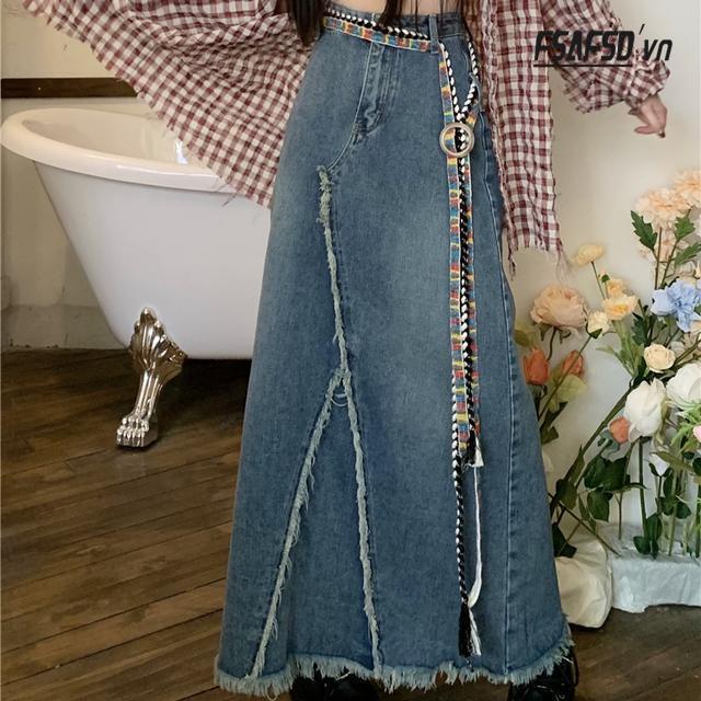 Chân Váy Denim Dài Dáng Chữ A Lưng Cao Màu Xanh Dương Phong Cách Retro Mỹ Thời Trang Mùa Thu Mới Dành Cho Bạn Nữ