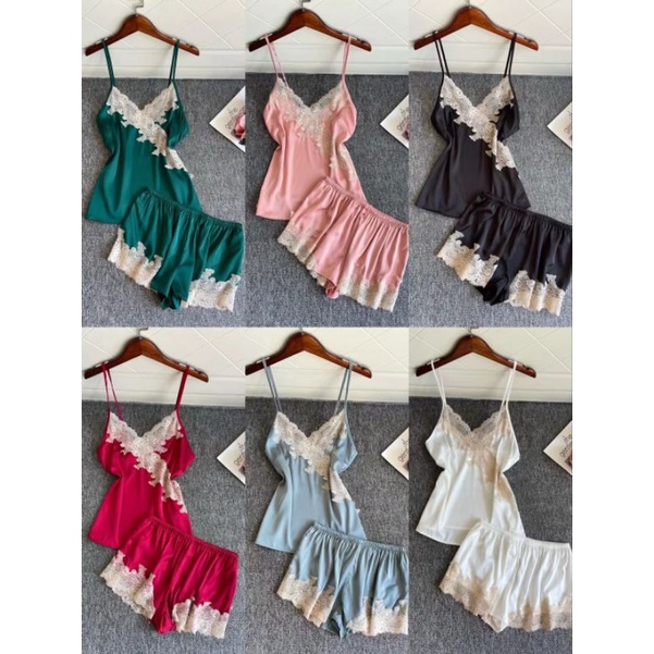 Bộ ngủ lụa hai dây viền ren chéo ngực sexy quảng châu cao cấp hàng sẵn M621