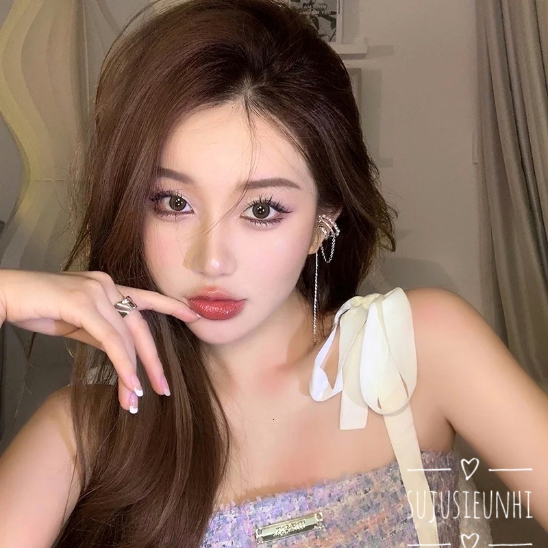 CÓ VIDEO (KHÔNG XỎ) Khuyên tai 3 lớp kẹp vành đính ngọc nhân tạo tua rua thả dài đeo 1 bên duyên dáng