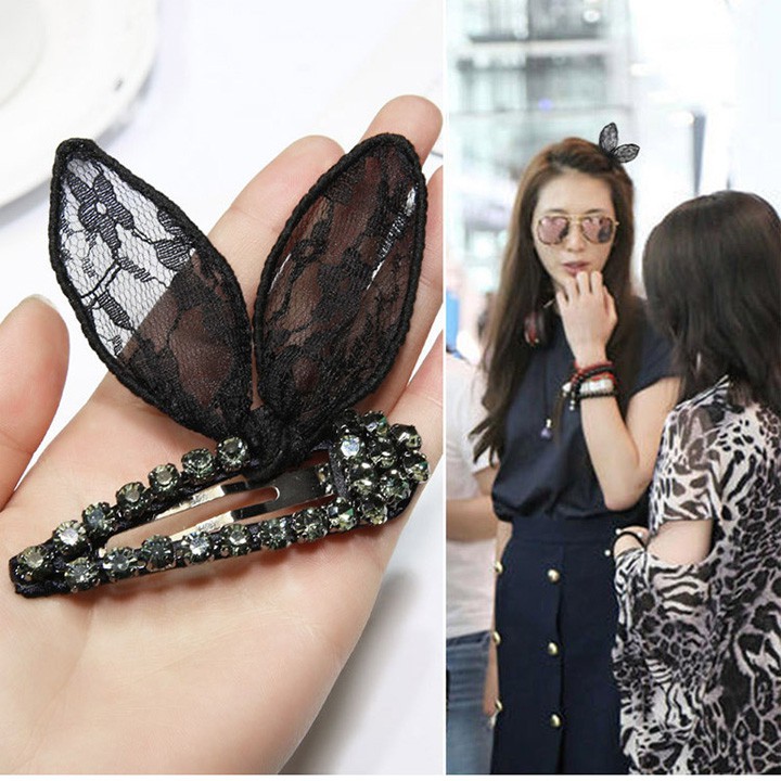Kẹp tóc nơ ren hình tai thỏ Hàn Quốc đính đá màu đen sang trọng cổ điển - Dây chun buộc tóc co dãn youngcityshop 30.000