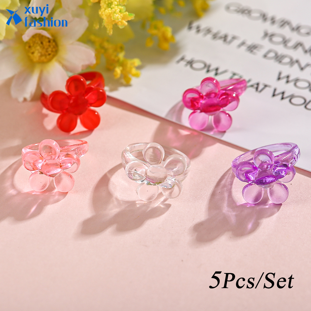 Set 5 nhẫn trong suốt nhiều màu sắc dễ thương cho nữ