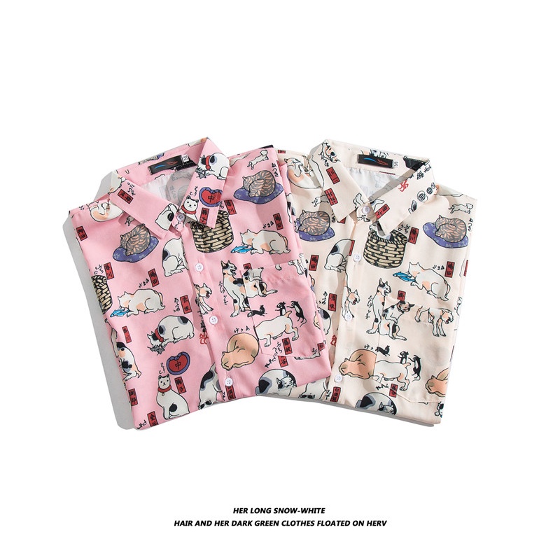 Áo Sơ Mi Tay Ngắn In Họa Tiết Hoạt Hình Mèo Và Chó Phong Cách Hàn Quốc Thời Trang Cho Nam