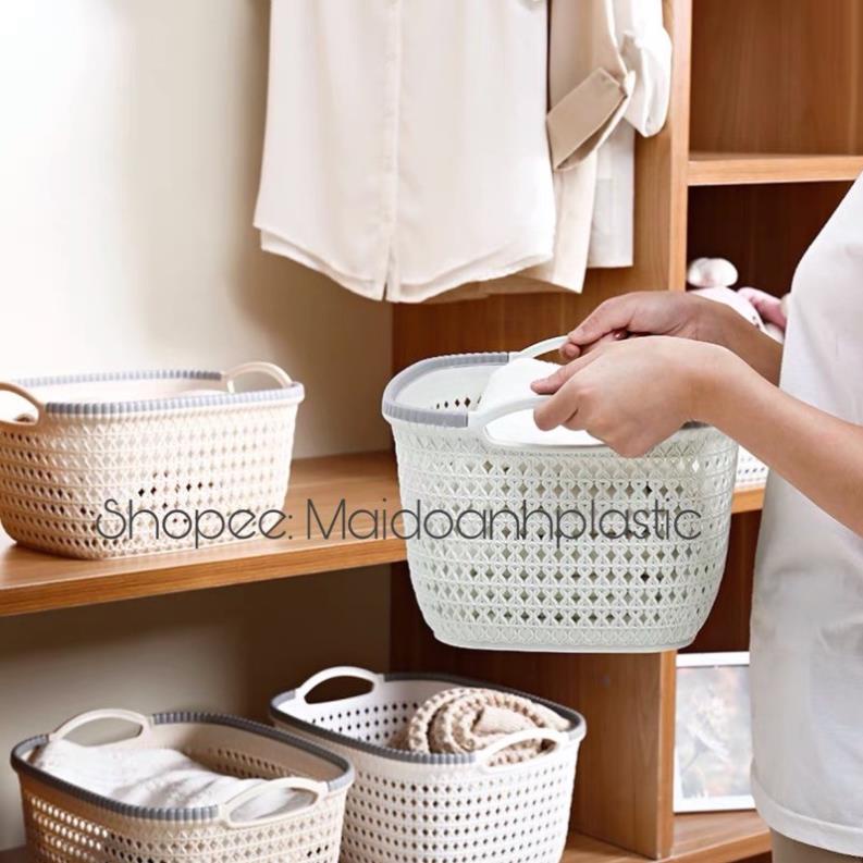 [Kho sỉ]  Rổ nhựa giả mây có quai cầm cỡ nhỏ Việt Nhật 3378-1