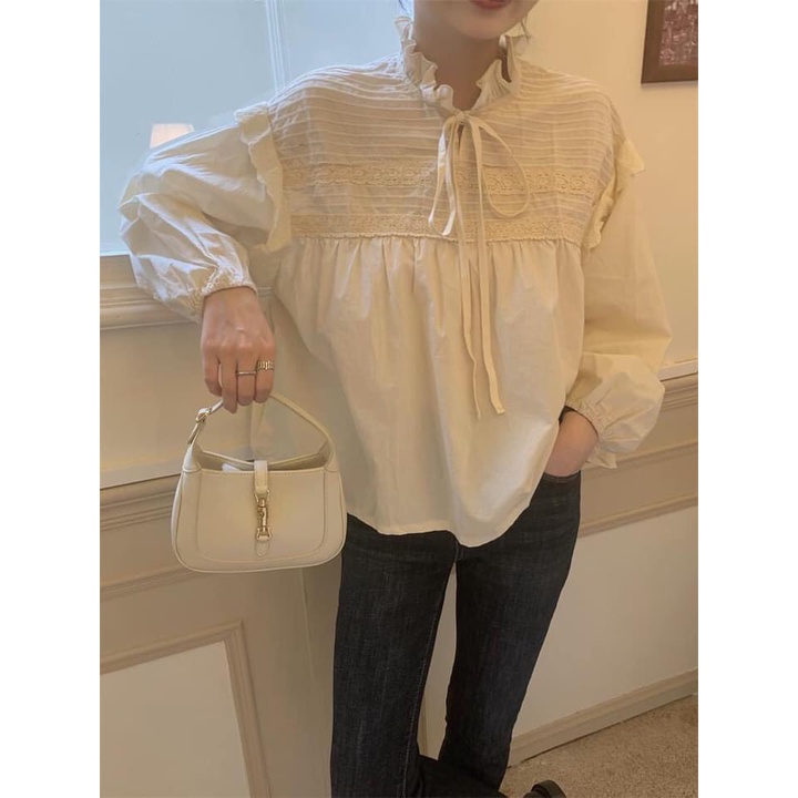 Áo babydoll ren ngực bèo cổ thắt nơ siêu xinh - Áo sơ mi cánh tiên viền bèo cách điệu ulzzang