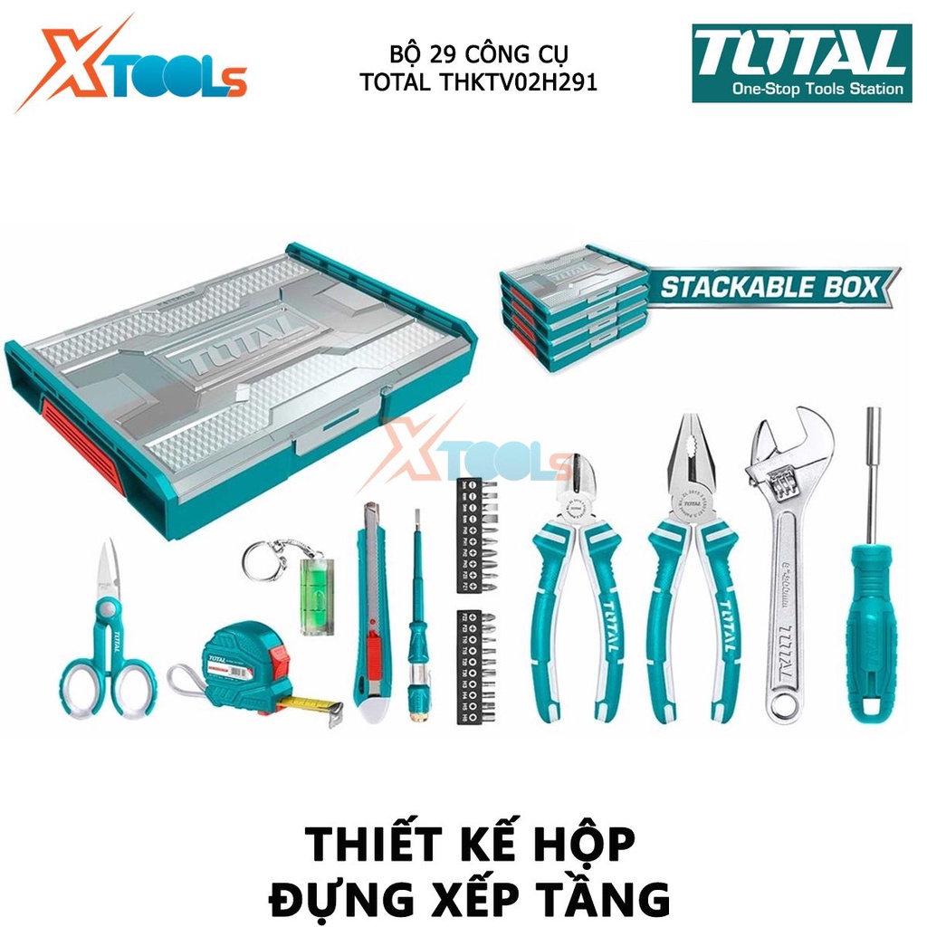 Bộ đồ nghề gia dụng 29 chi tiết TOTAL THKTV02H291 bộ 29 công cụ bao gồm kềm, mỏ lết, bút thử điện, thước kéo, băng cách