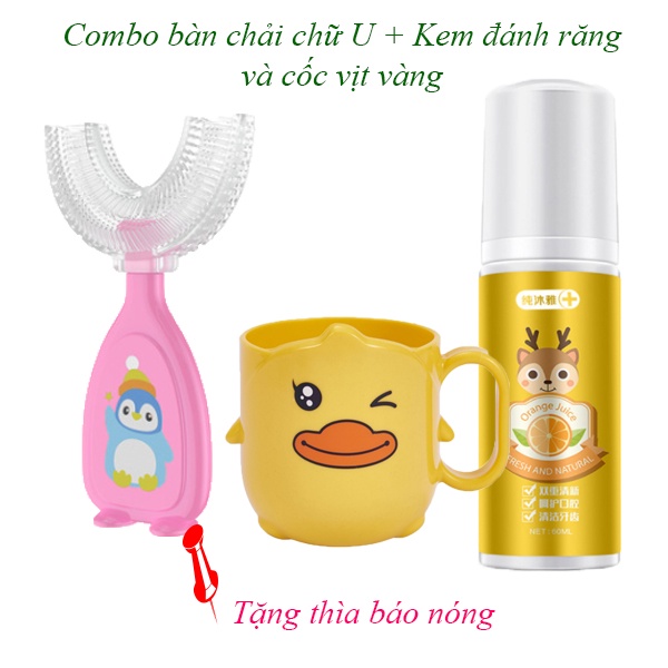 Combo Bộ  3 món (bàn chải đánh răng cho bé chữ U + Cốc vịt + Kem đánh răng tạo bọt )hương dâu, cam có thể nuốt được