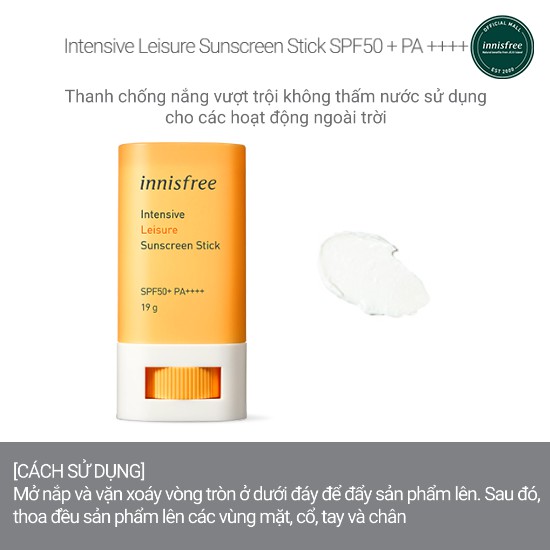 [Mã COSIF11 giảm 10% đơn 400K] Kem chống nắng dạng thỏi innisfree Intensive Leisure Sunscreen Stick SPF50+ PA++++ 18G | BigBuy360 - bigbuy360.vn