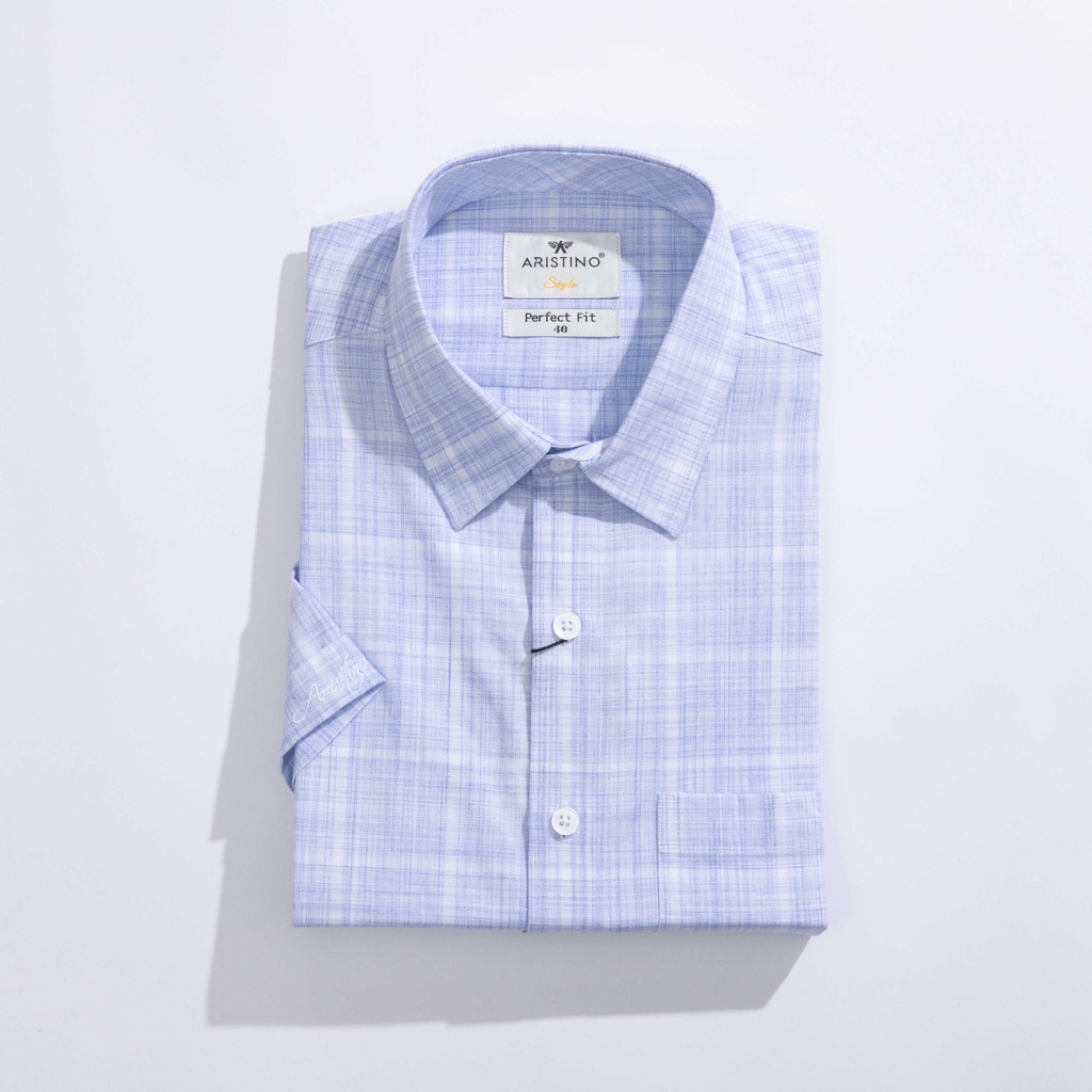 Áo sơ mi nam ngắn tay ARISTINO phom Perfect fit, họa tiết trắng kẻ xanh trẻ trung, thu hút - ASS202S1