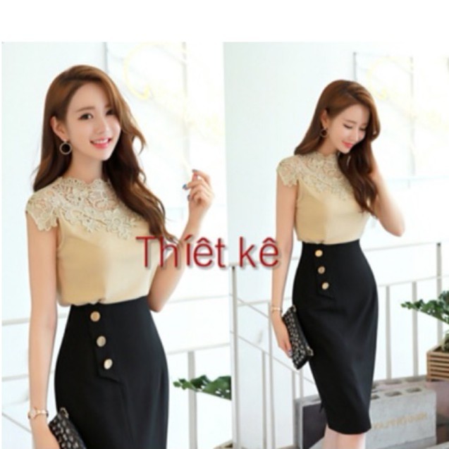 Chân váy bút chì lưng cao thiết kế phối nút phong cách LC19 chất liệu vải nhập có độ co giản tốt. | BigBuy360 - bigbuy360.vn