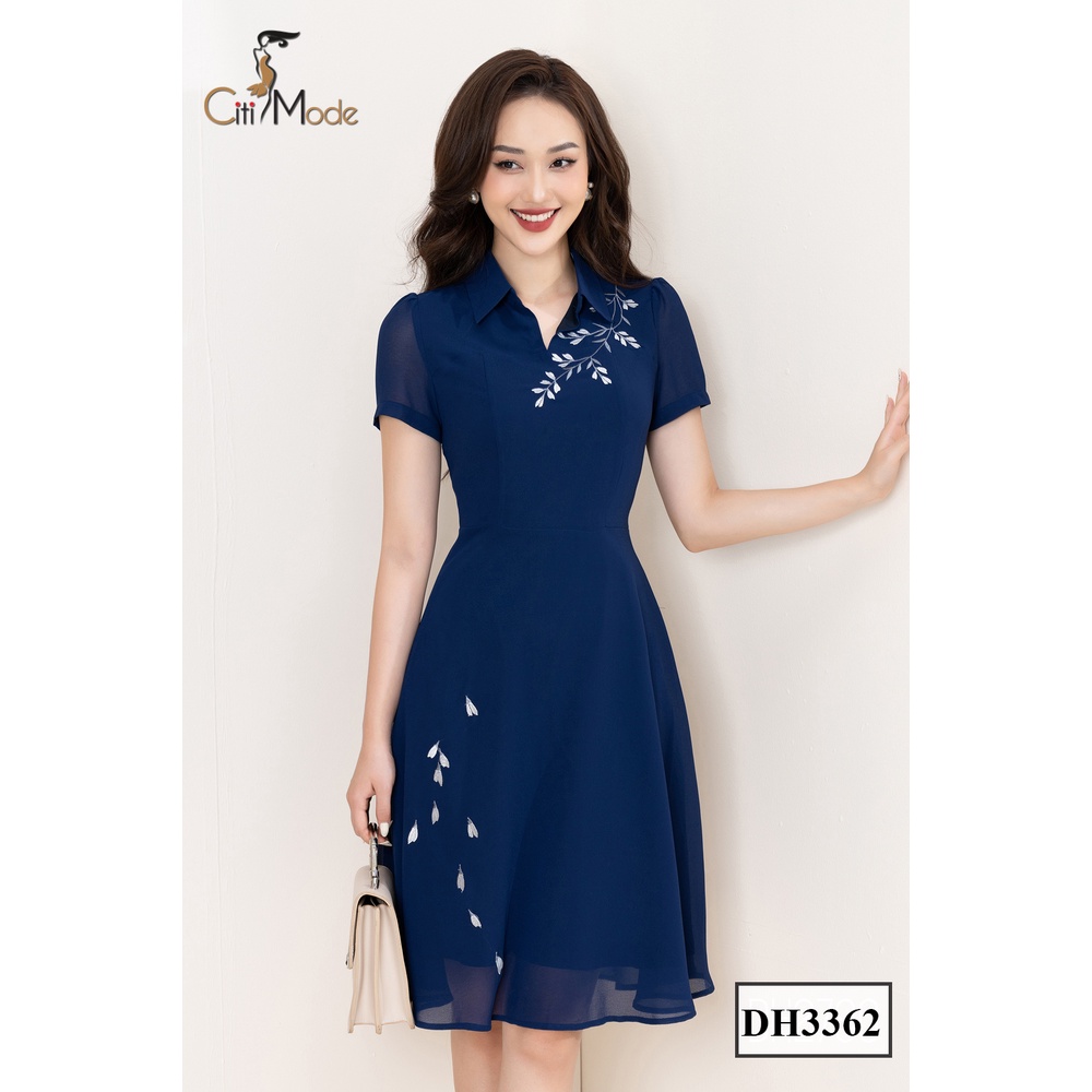 Đầm xòe voan xanh than công sở CITI MODE cổ sơ mi thêu hoa trắng DH3362