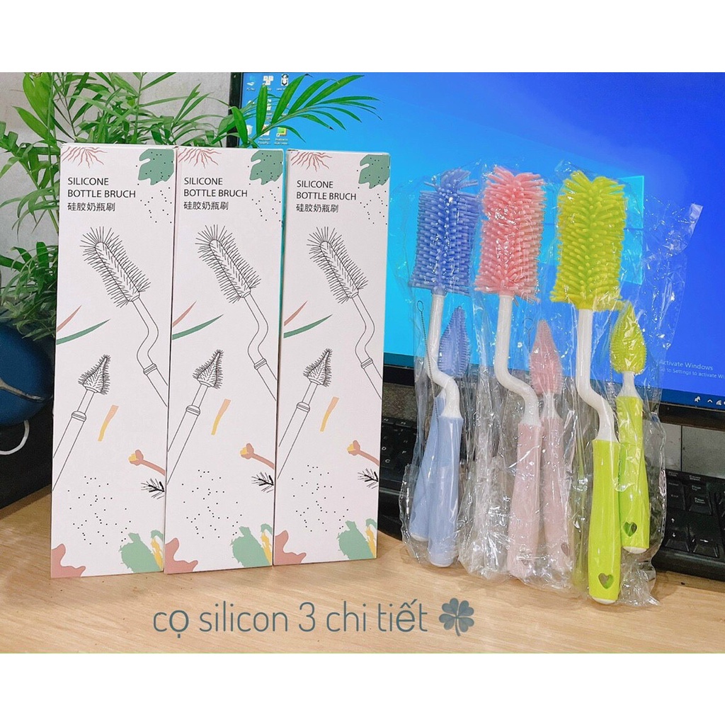 Cọ rửa bình sữa Silicon cao cấp tay cầm xoay 360 độ gồm 3 chi tiết dùng cho mọi loại bình