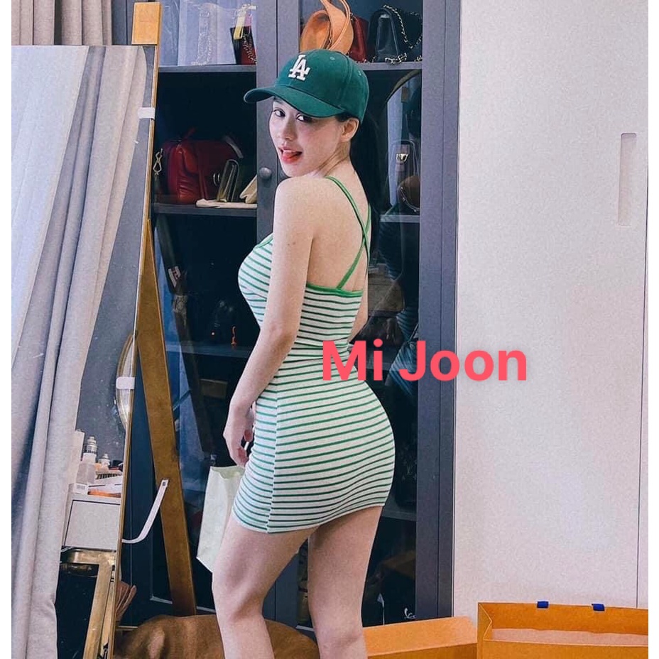 [ MI JOON ] đầm váy body nữ 2 dây chéo lưng chất sọc gân dày dặn co giãn thoải mái D234 | BigBuy360 - bigbuy360.vn