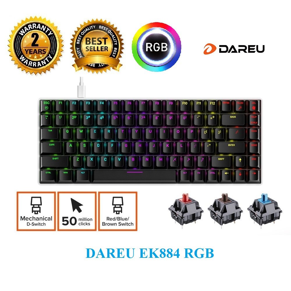 Bàn phím cơ Dareu EK884 RGB Black, Cáp type C có thể tháo rời, Thiết kế layout 75% 84 phím gọn gàng