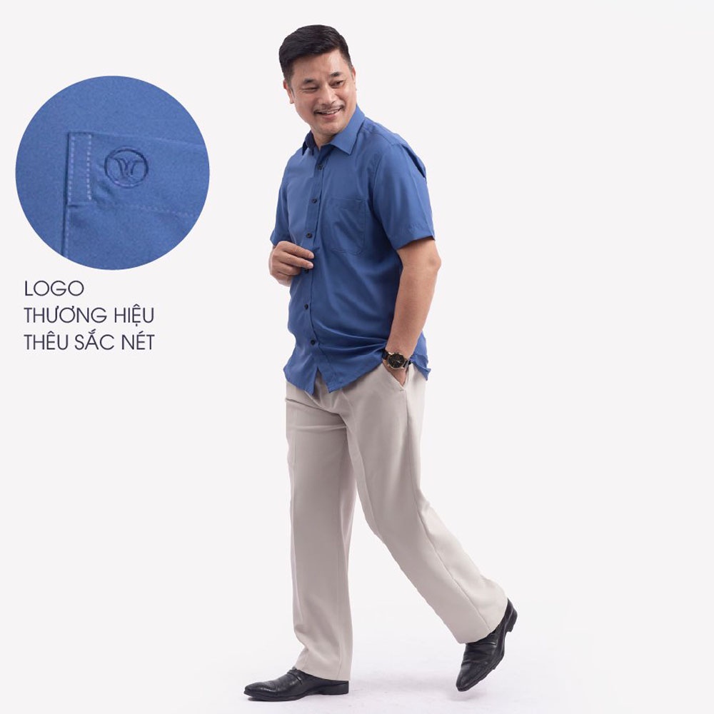 Áo Sơ Mi Nam Ngắn Tay Trung Niên ANCHI Classic Cotton Trơn Màu Xanh Than Cao Cấp