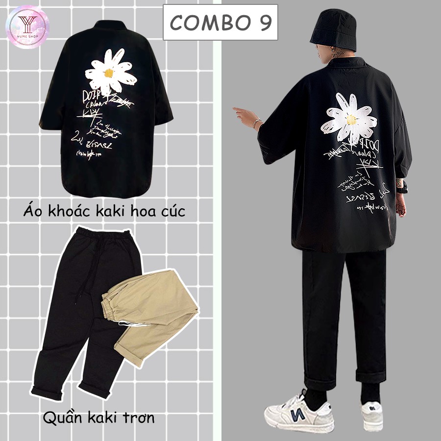 Combo áo sơ mi hoa cúc + quần kaki trơn Phong cách Hàn Quốc