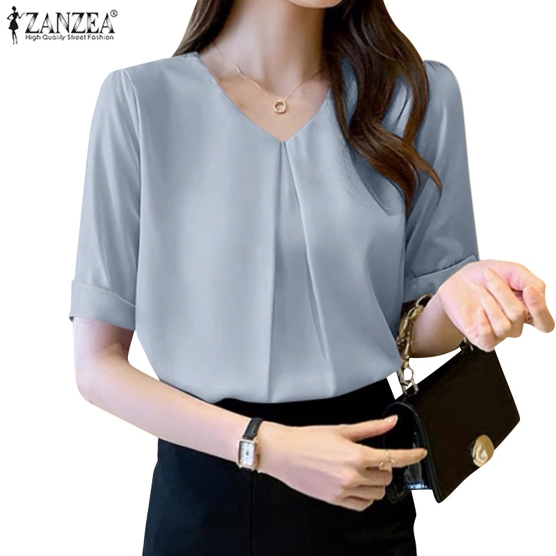 Áo kiểu ZANZEA ngắn tay cổ chữ V màu trơn phong cách Hàn Quốc thời trang cho nữ