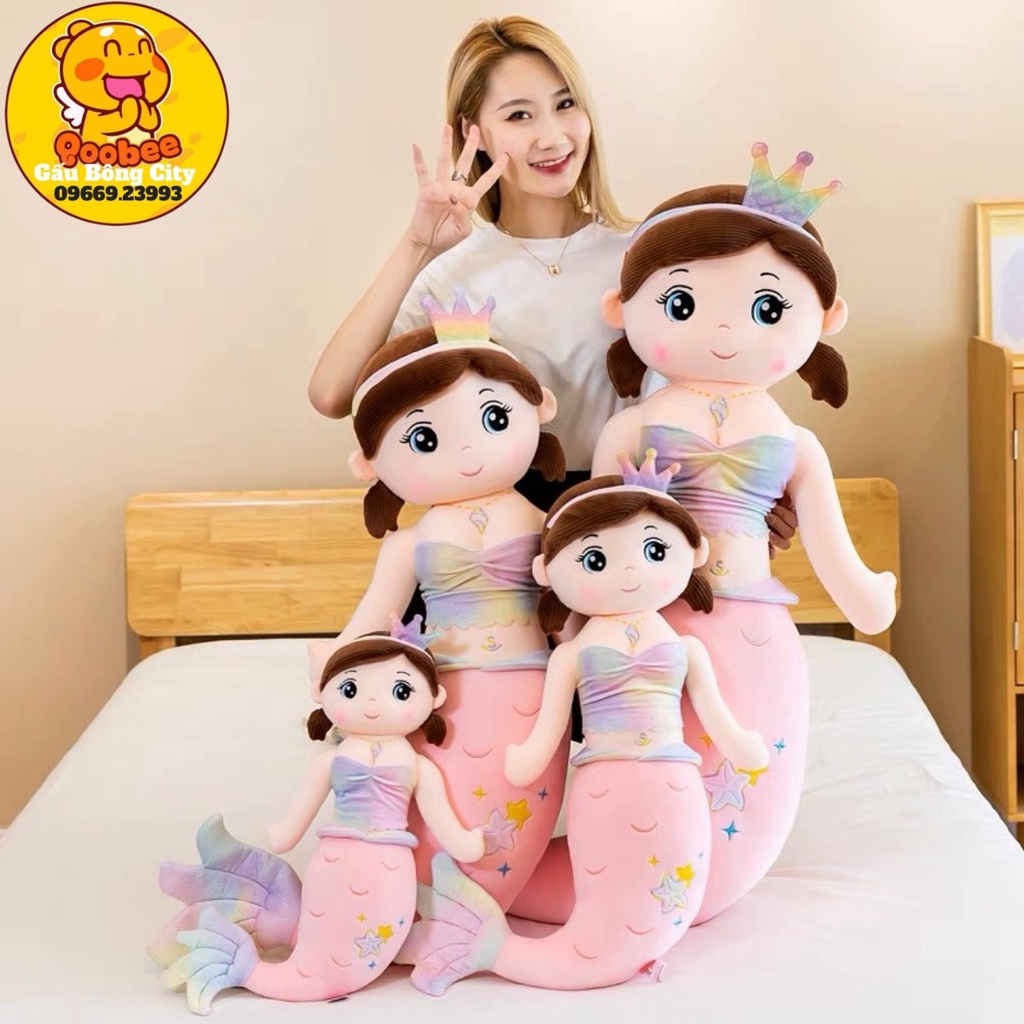 Gấu Bông Nàng Tiên Cá Tóc Nâu Thêu Sao - Tiên Cá nhồi Bông Cao Cấp Gấu Bông City