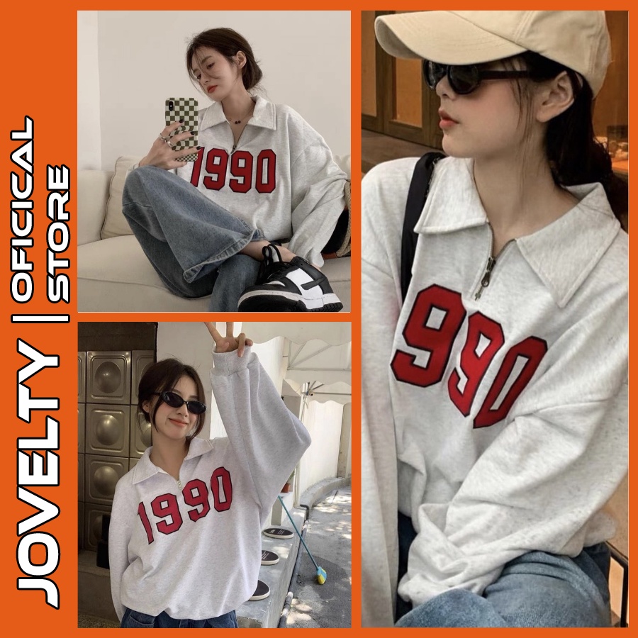 Áo Sweater Polo Dài Tay Unisex JOVELTY Chất Nỉ Bông Cotton - Áo Polo Dài Tay Phối Khóa Cổ 1990