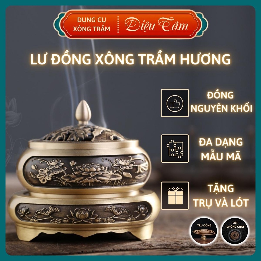 Lư đồng xông trầm đồng đúc lư đốt trầm hương mẫu hoa sen tặng trụ đồng cắm hương