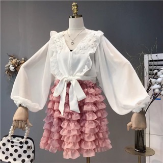 (Hàng Order) - set đồ sơ mi mix chân váy bánh bèo