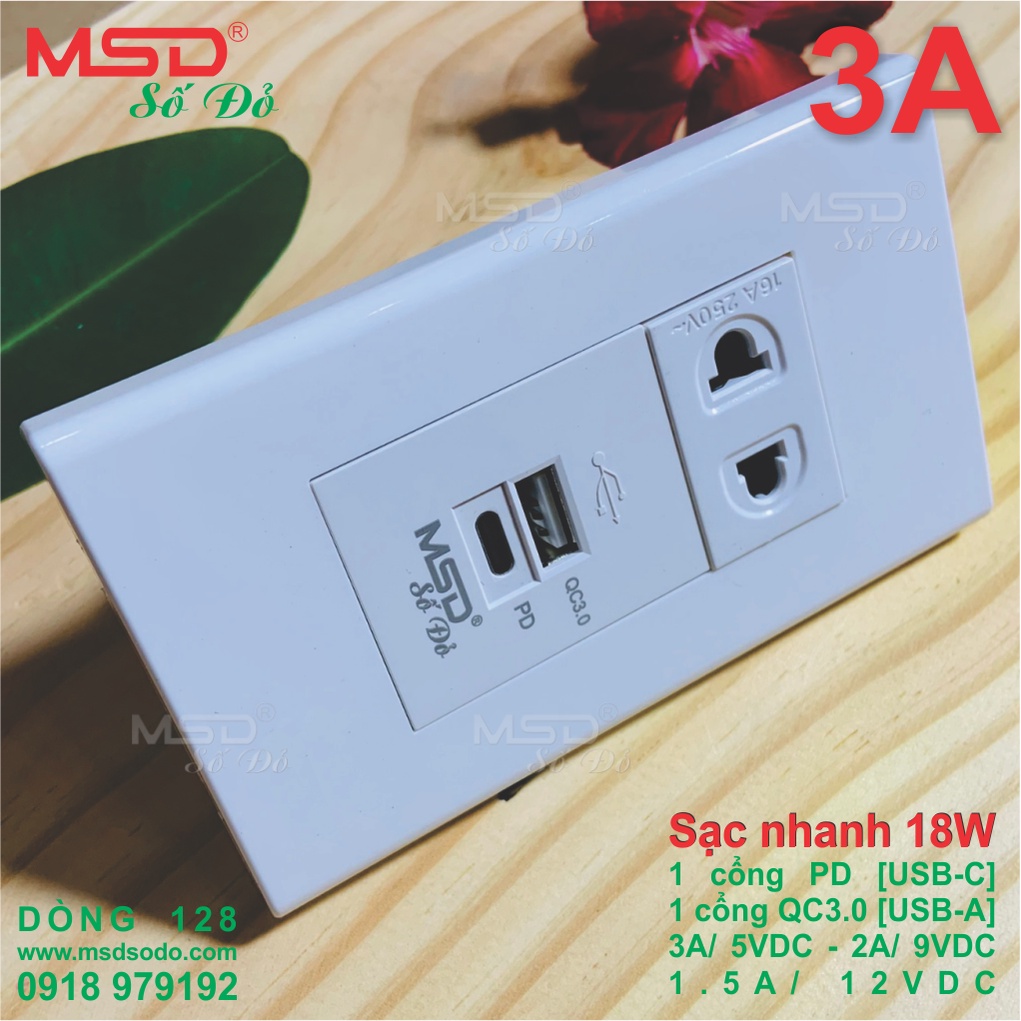 SẠC NHANH 18W ÂM TƯỜNG - PD 3A/5VDC - QC3.0 2.4A/5VDC - 1 Ổ CẮM 2P - MSD128