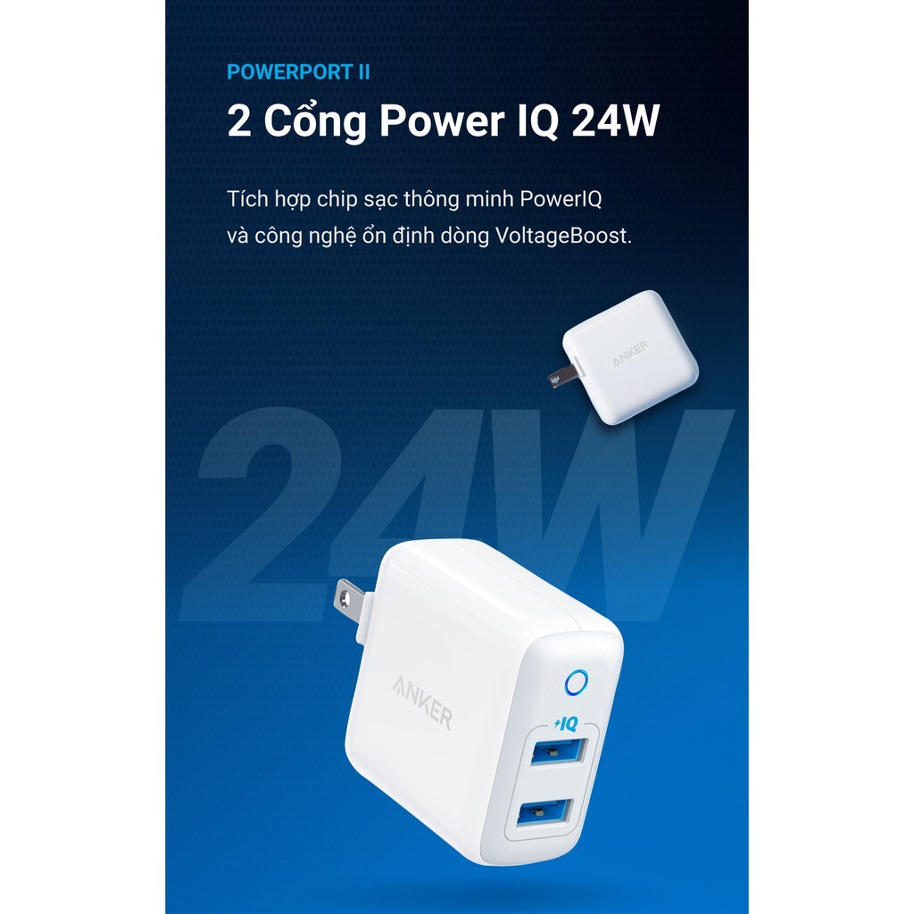 【Giao hàng nhanh】Sạc ANKER PowerPort II 2 cổng PIQ 24w - A2027 Bảo hành 18T chính hãng